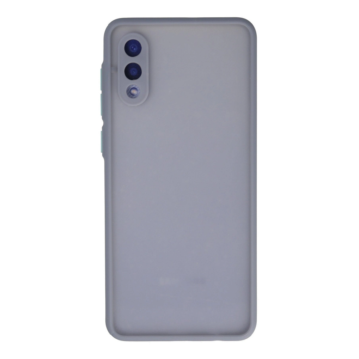 Dikey kamera lensli gri telefon kılıfı beyaz arka plan üzerinde.