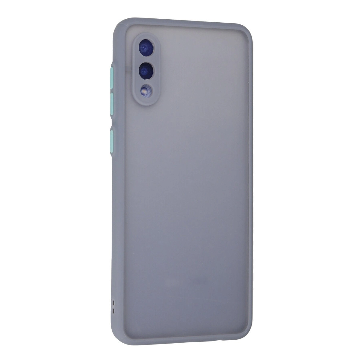 Üç kamera lensli ve turkuaz düğmeli gri telefon kılıfı.