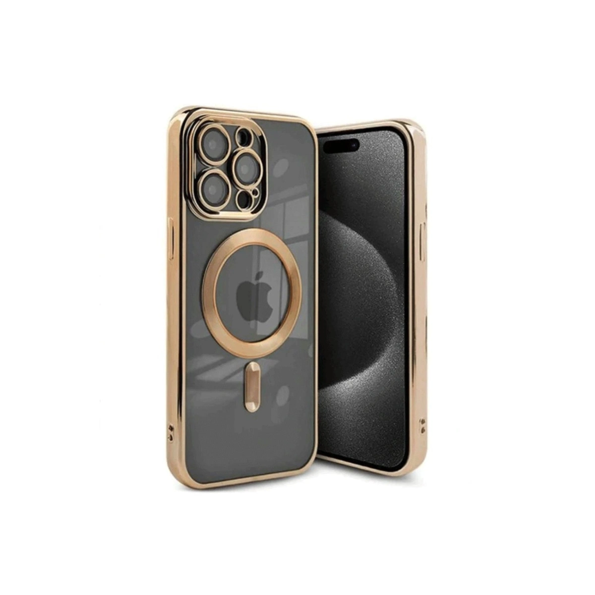 Altın rengi iPhone kılıfı, Apple logosu ve kamera korumalı.