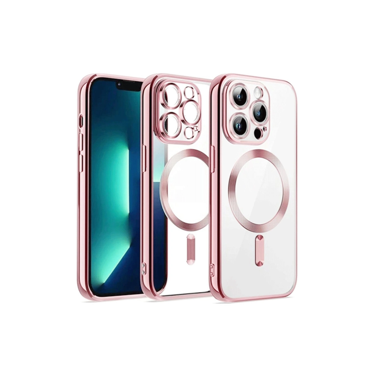 Üç adet rose gold rengi telefon kılıfı, ikisi şeffaf, beyaz arka planda.
