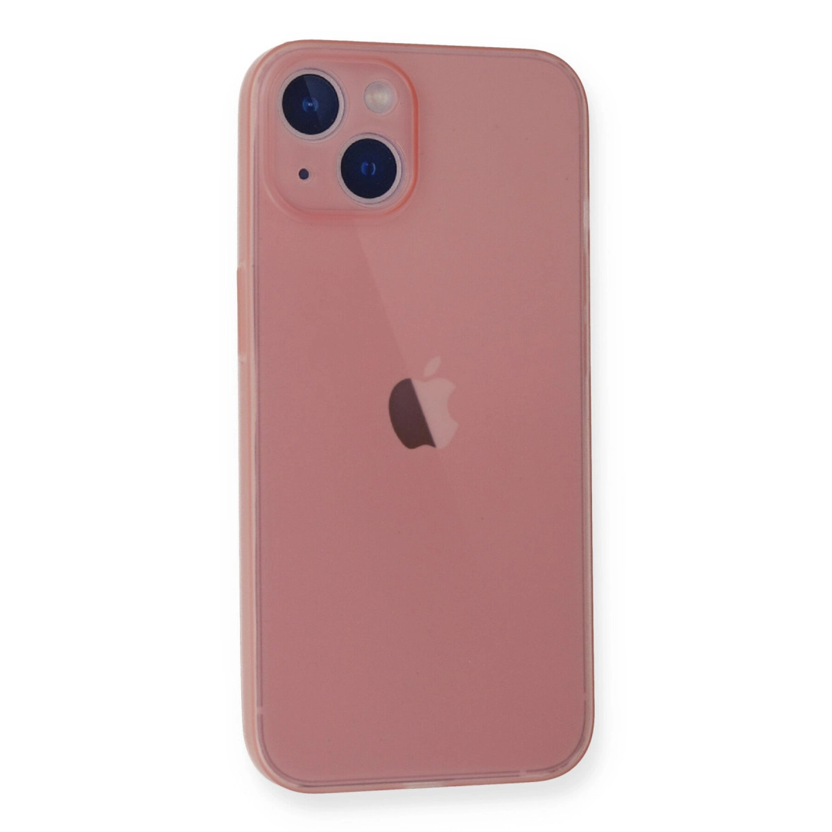 İki kameralı ve Apple logosu olan pembe bir iPhone arka yüzü.