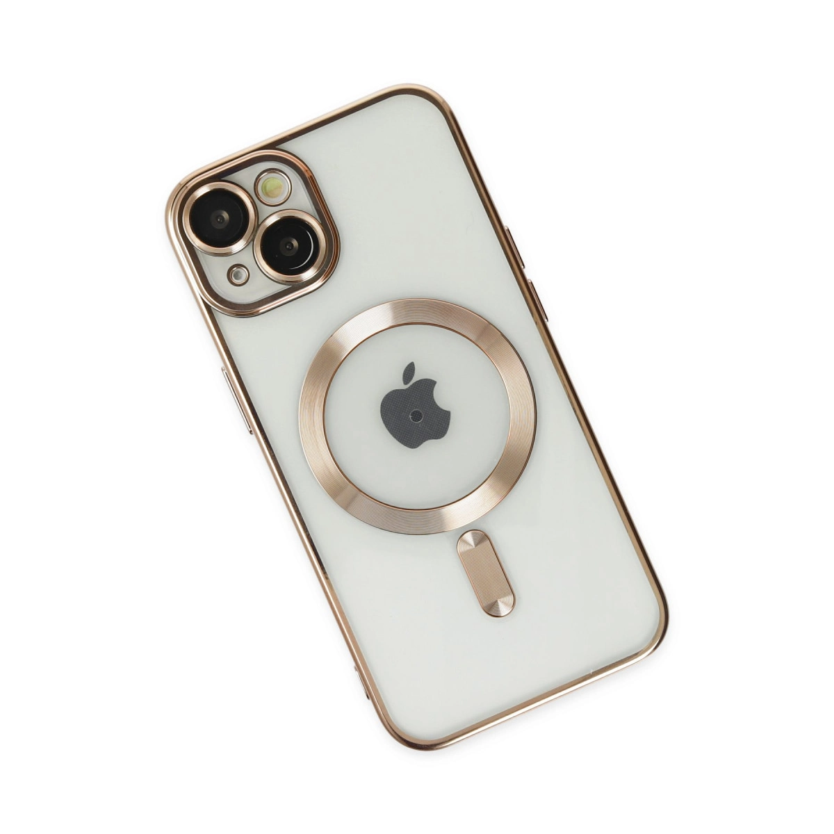 Altın çerçeveli ve kamera çerçeveli beyaz iPhone, beyaz arka planda.