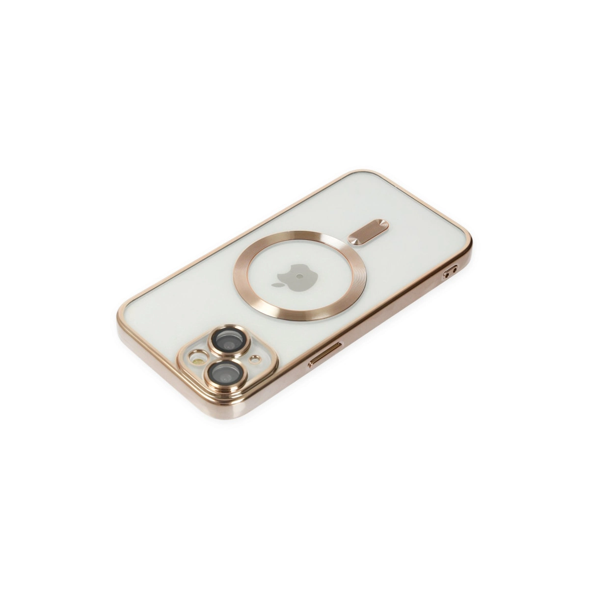 Kameralı ve Apple logolu altın iPhone kılıfı.