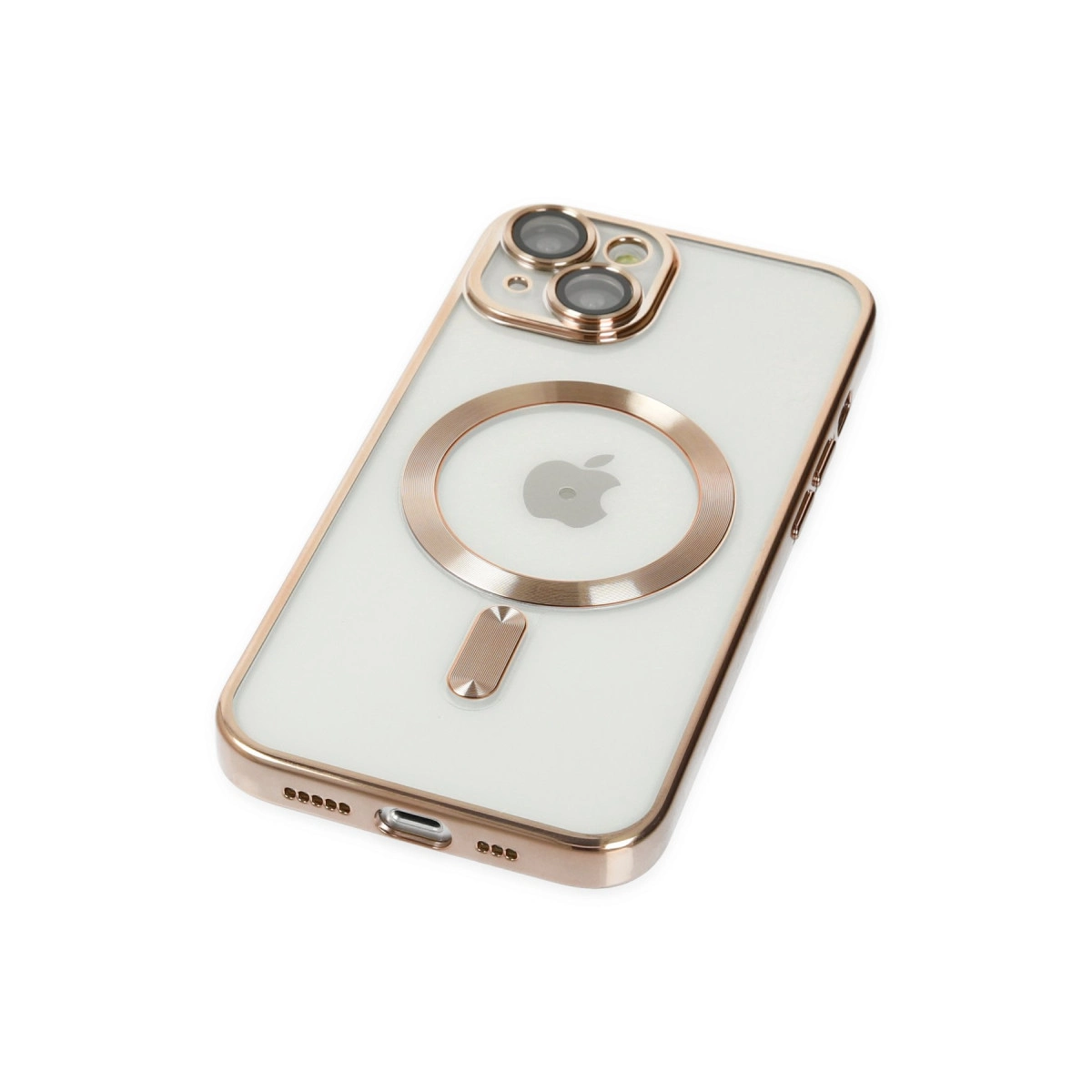 Şeffaf telefon kılıfı, rose gold vurgular, kamera kesiği ve manyetik halka.