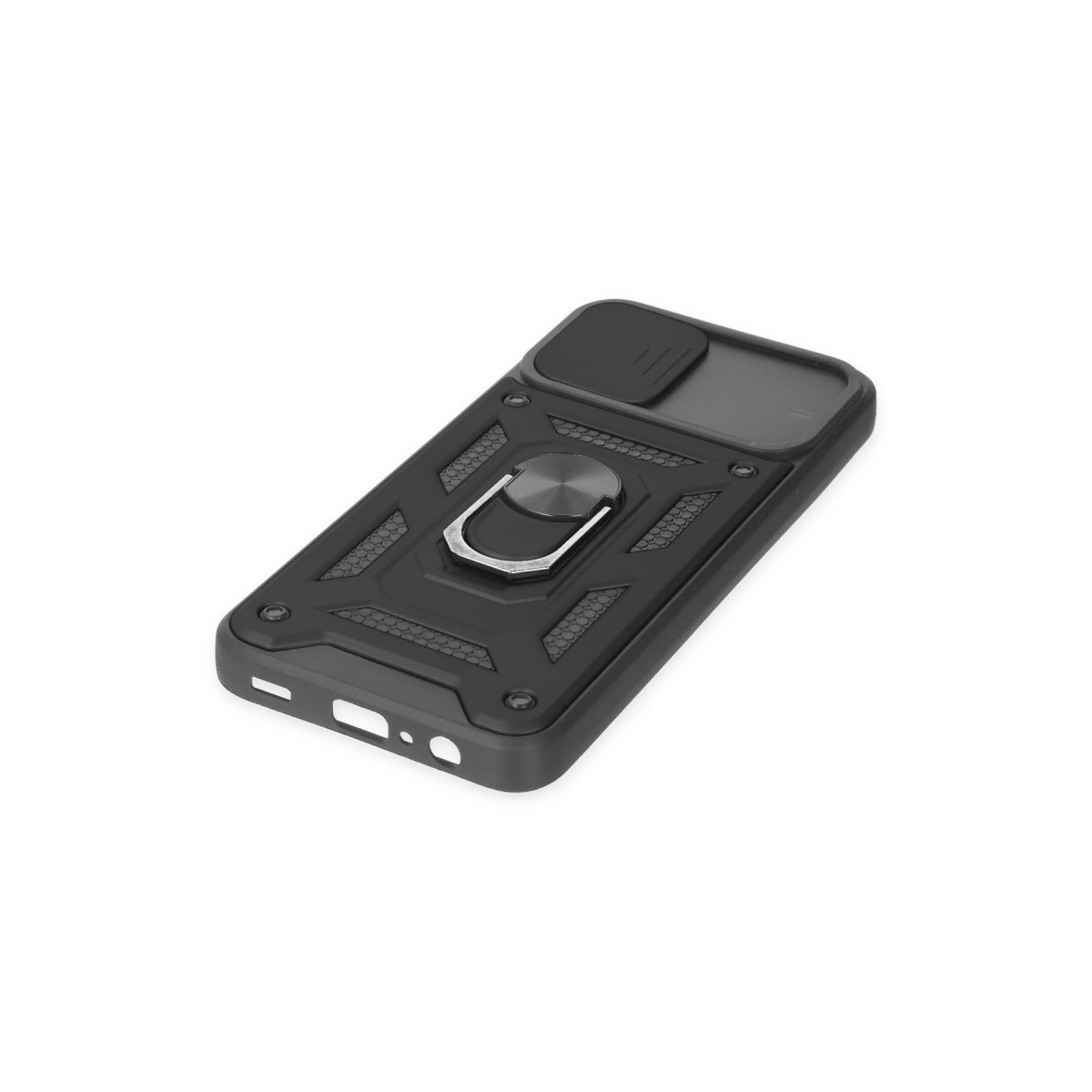 Halka tutuculu ve kamera kapaklı siyah telefon kılıfı.