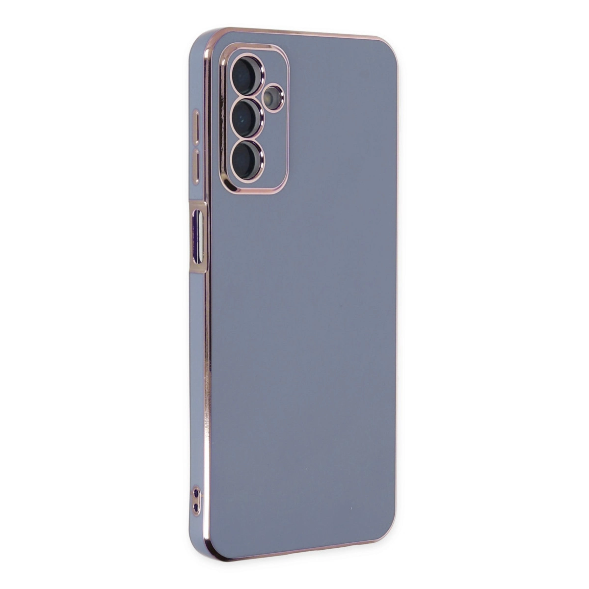 Rose altın kenarlı ve kamera kesimli gri telefon kılıfı.