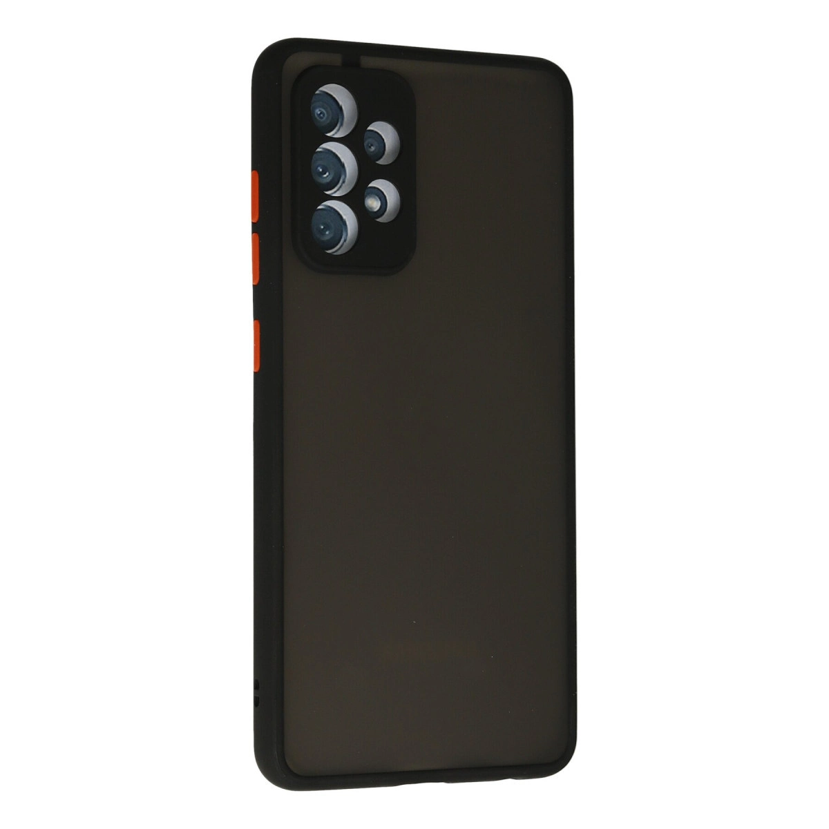 Altı kamera lensli ve yanlarda turuncu düğmeli siyah telefon kılıfı.