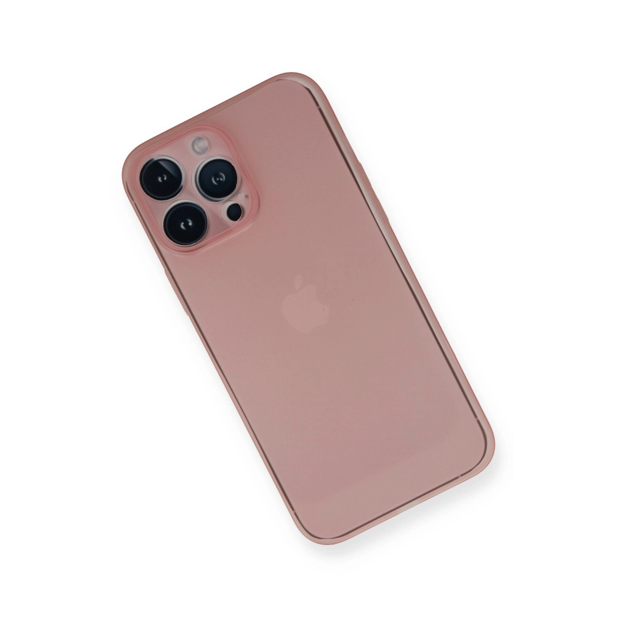 Beyaz zeminde üç kameralı, rose altın rengi iPhone.