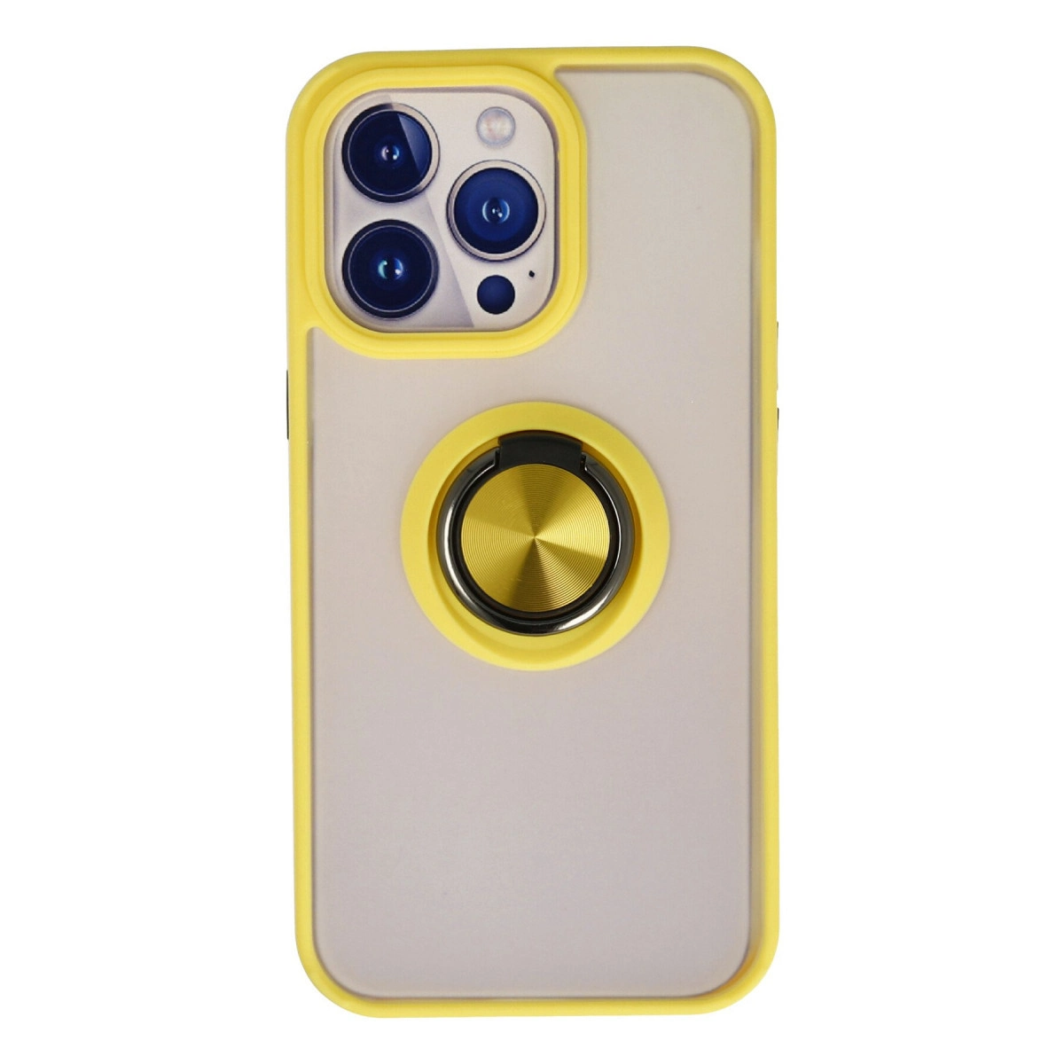 Sarı kenarlı şeffaf telefon kılıfı, kamera ve halka tutucu.