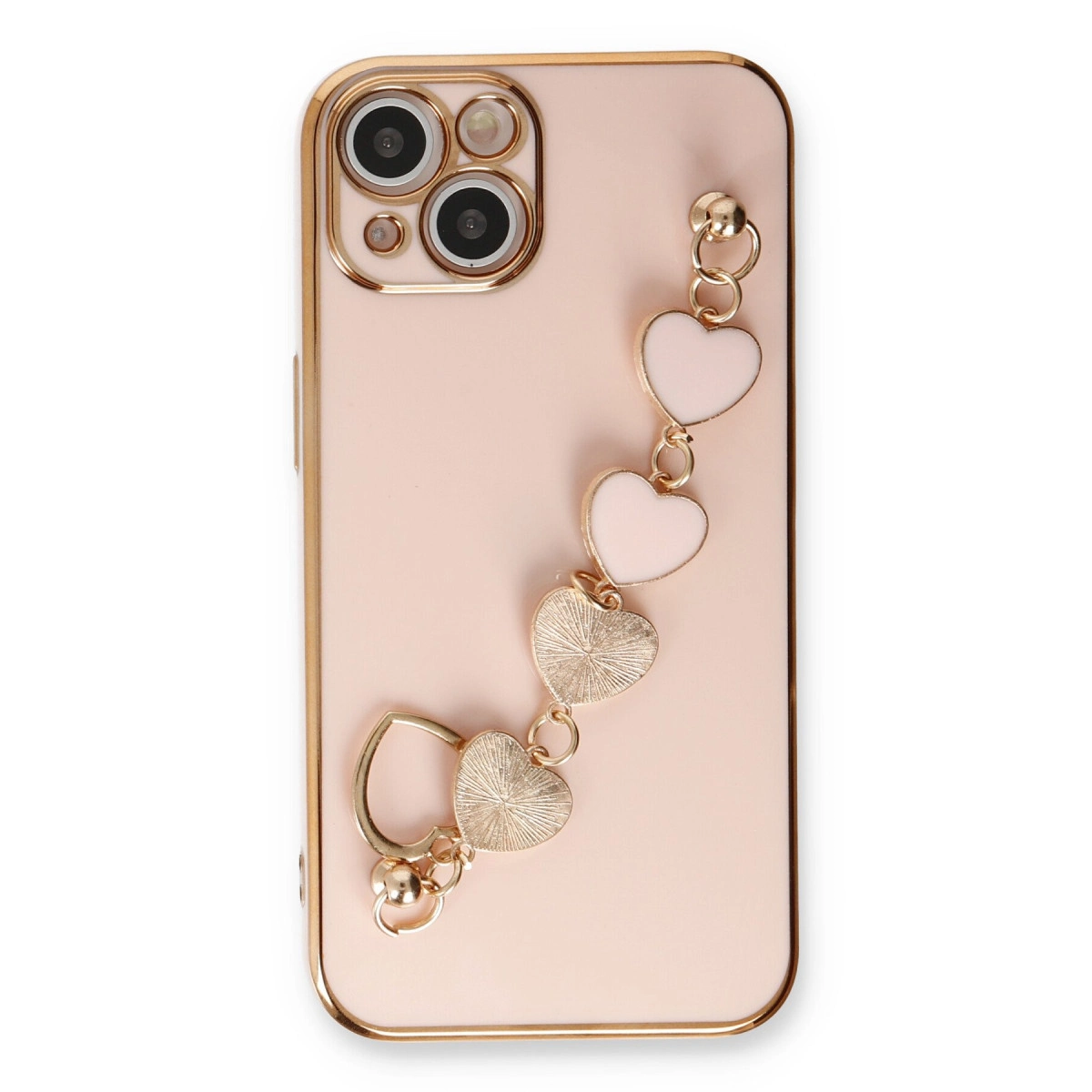 Kalp figürlü ve altın kenarlı pembe telefon kılıfı.