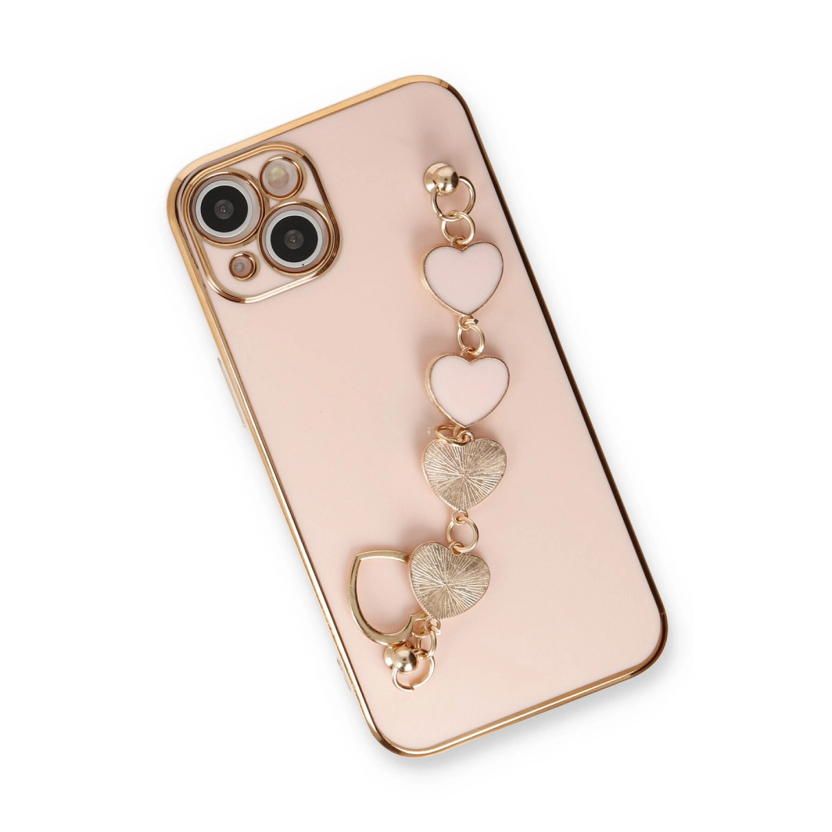 Kalp charm bileklikli ve kamera modüllü, gül altın rengi telefon.