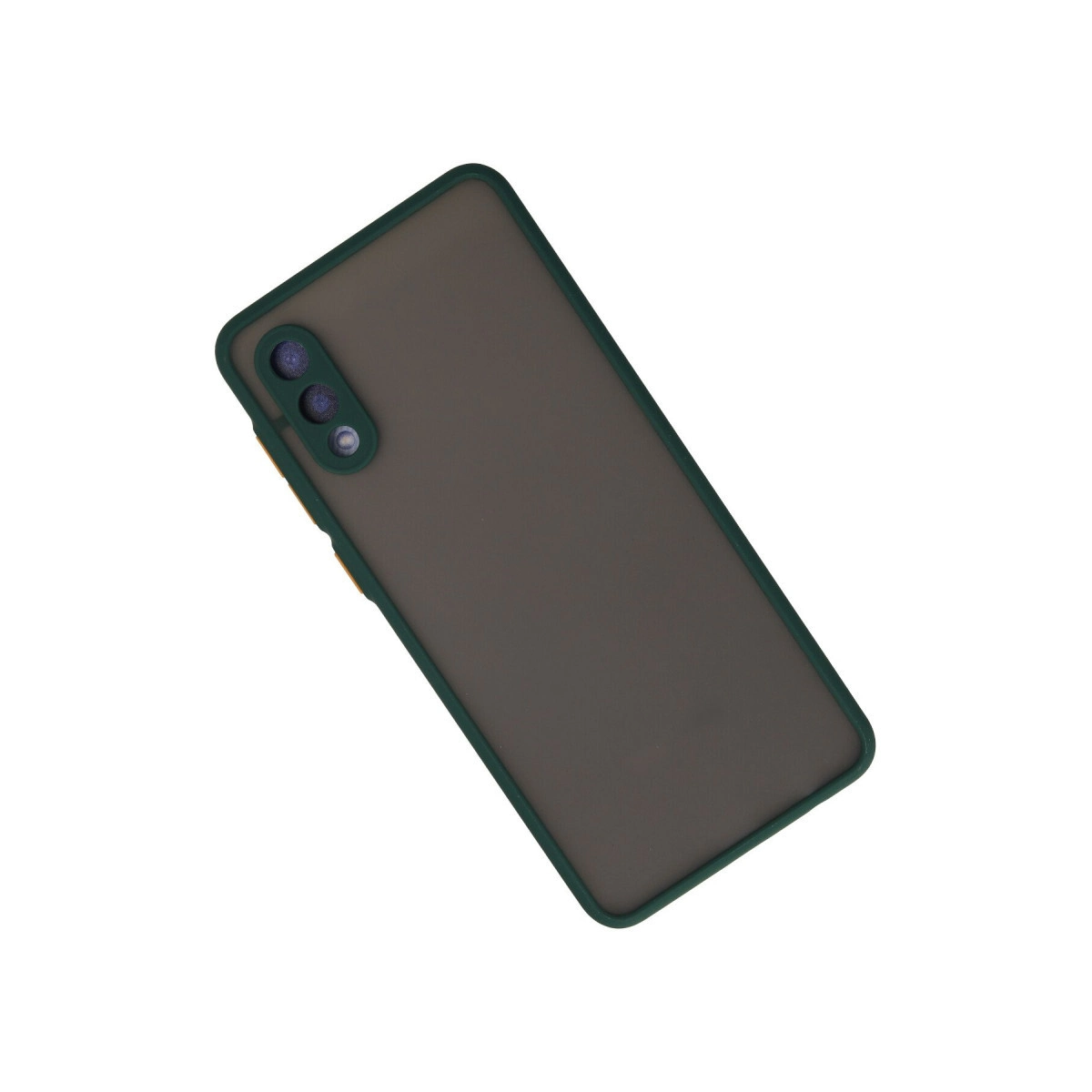 Yeşil kenarlı, koyu gri telefon kılıfı, kamera kesiği mevcut.