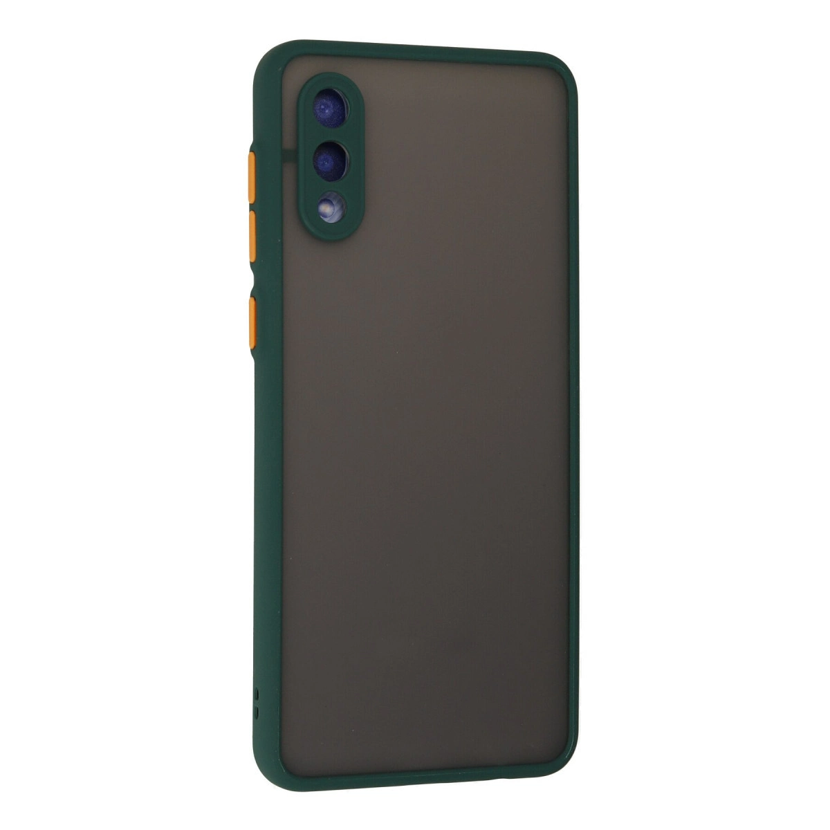 Yeşil kenarlı ve kamera lens çerçeveli koyu gri telefon kılıfı.