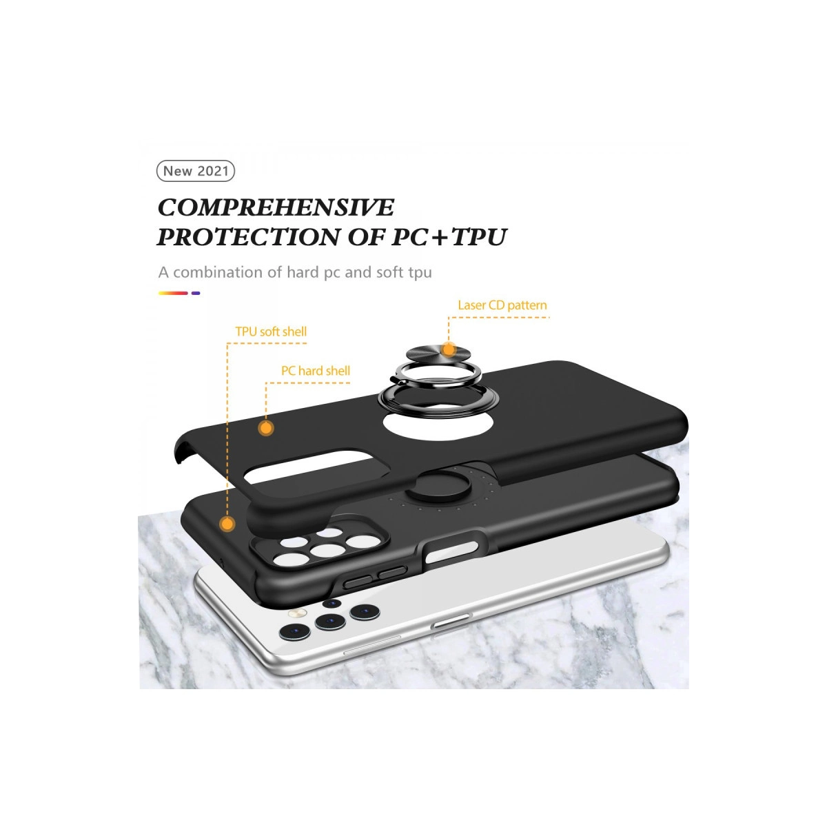 Halkalı yüzük tutuculu PC+TPU telefon kılıfı patlatılmış görünümü.