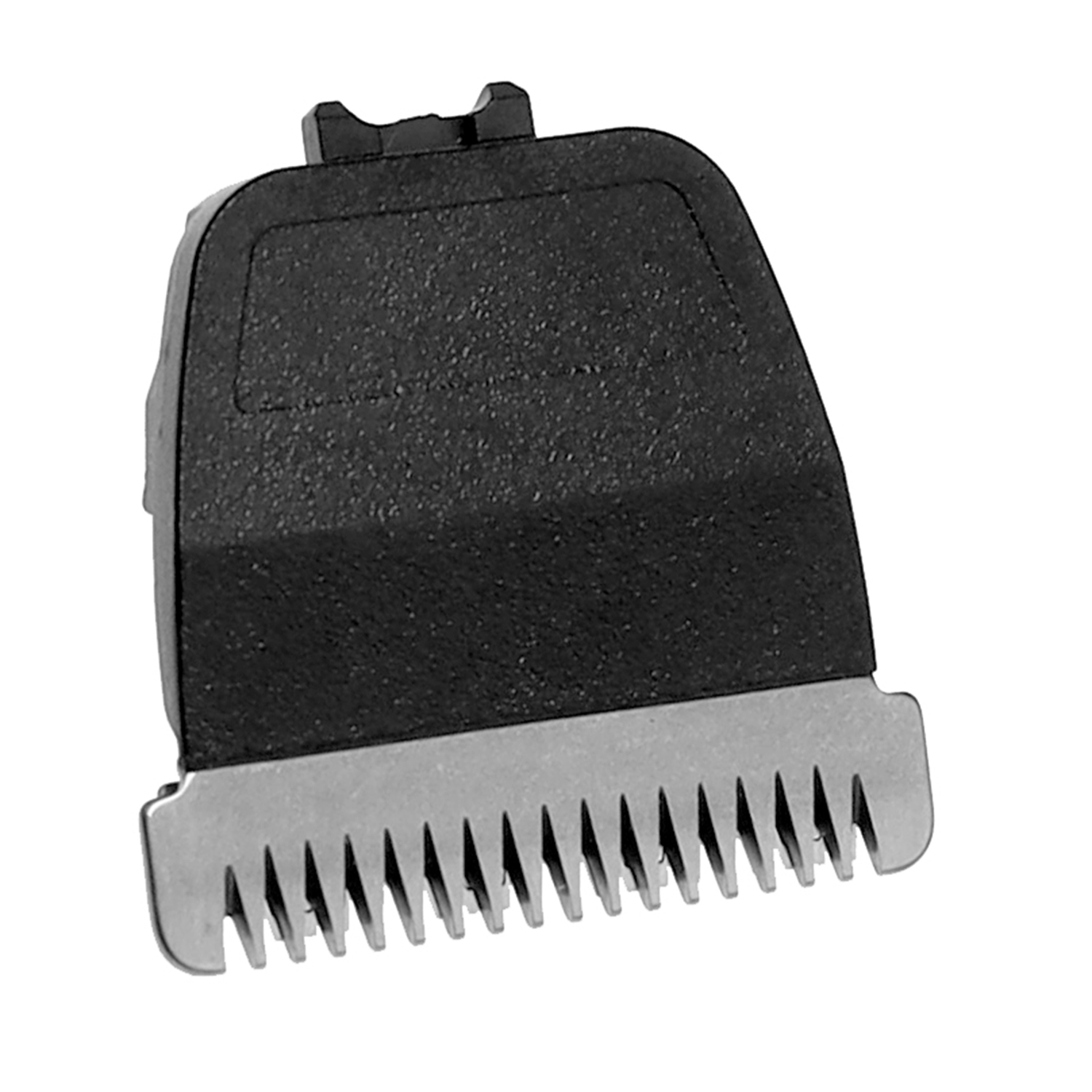 Ein schwarzer Haarschneidemaschinenaufsatz mit silbernen Zähnen.