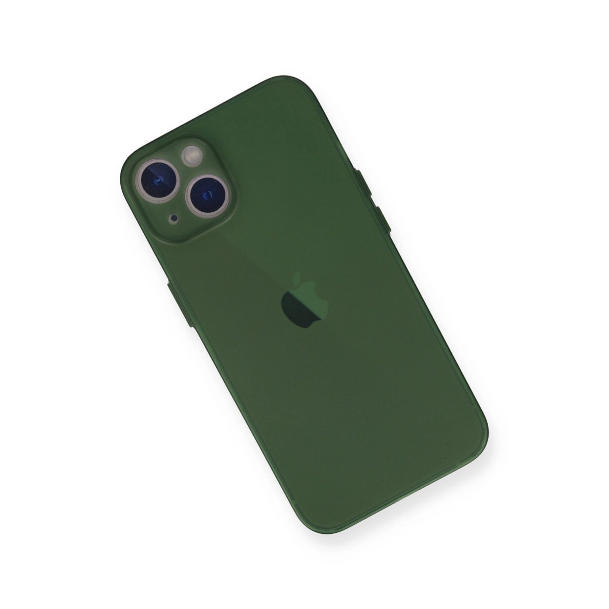 Koyu yeşil iPhone, üzerinde Apple logosu ve kamerasıyla beyaz arka planda.