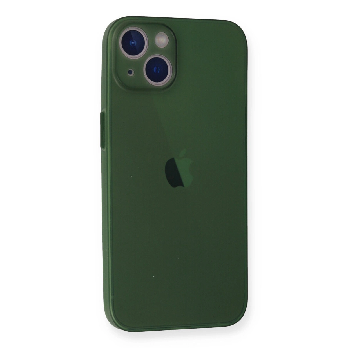 İki kamera lensli ve Apple logosu olan koyu yeşil iPhone kılıfı.