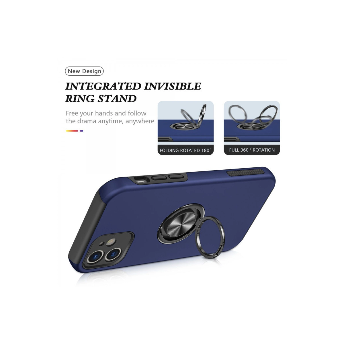 Entegre halka stantlı lacivert telefon kılıfı. 180° ve 360° dönüş gösterilir.