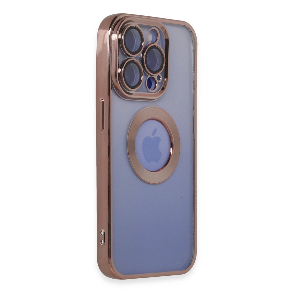 Dört kameralı ve Apple logolu, roze altın rengi iPhone kılıfı.