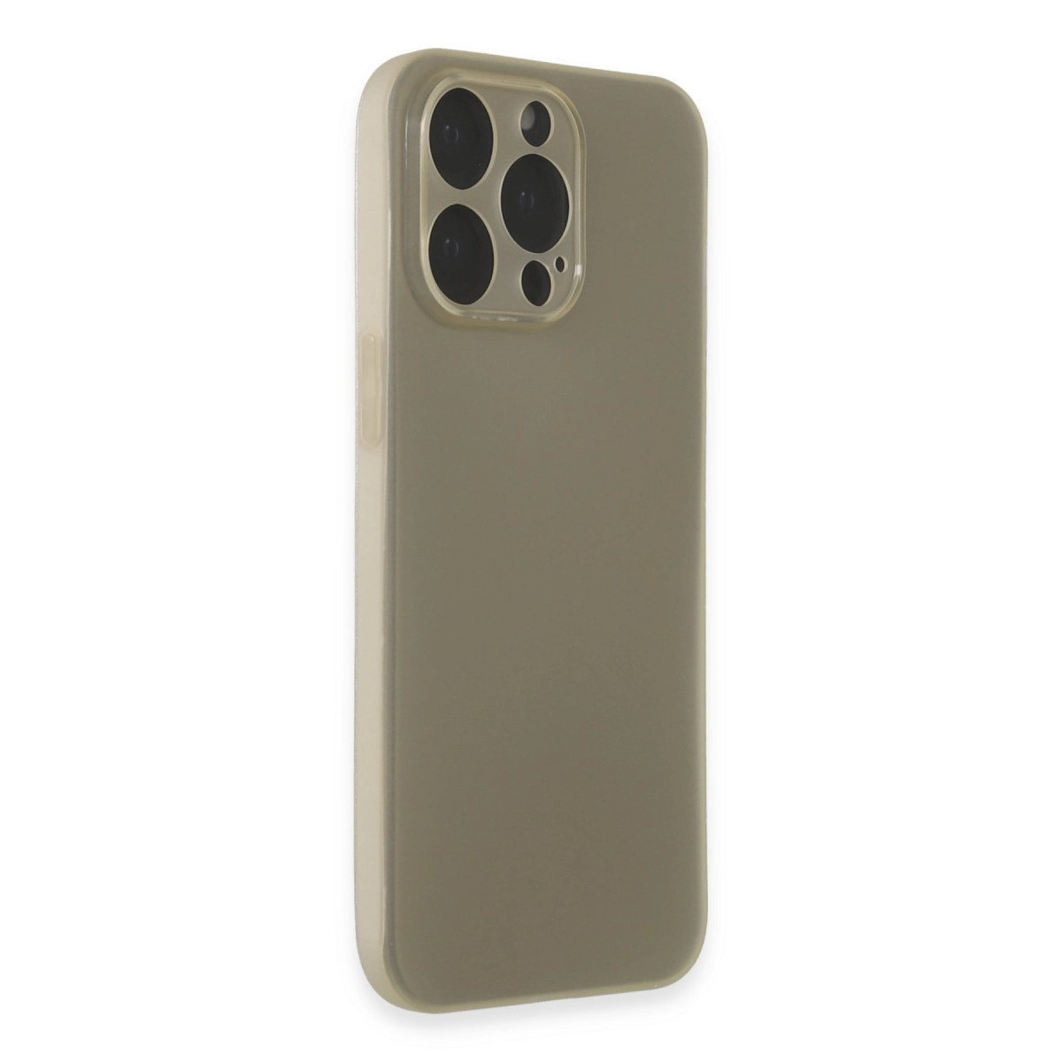 Dört kamera lensli gri telefon kılıfı, beyaz arka plan üzerinde.