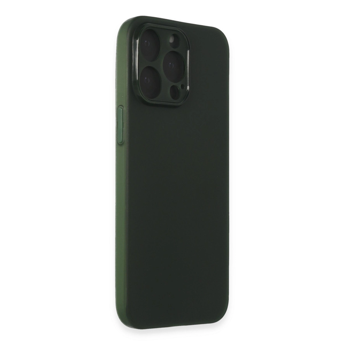 Arkada dört kamera lensli koyu yeşil telefon kılıfı.