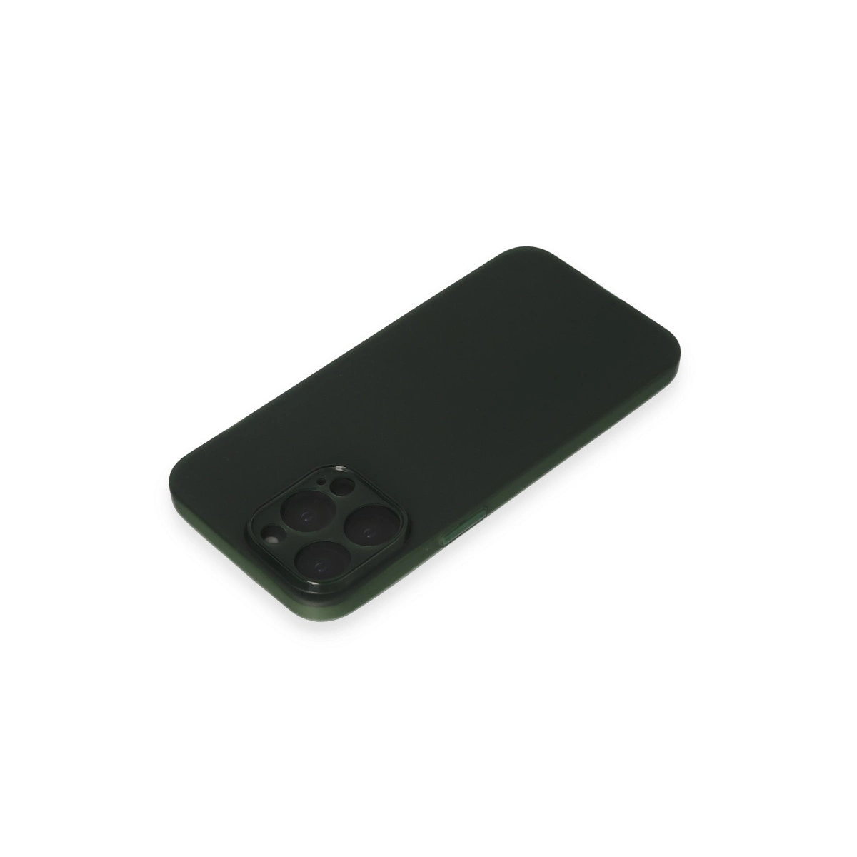 Beyaz arka plan üzerinde kamera oyuntulu koyu yeşil telefon kılıfı.