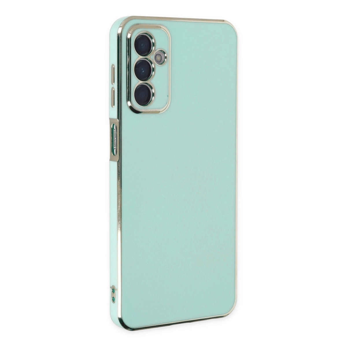 Gümüş kenarlı, üç kamera modüllü nane yeşili telefon kılıfı.