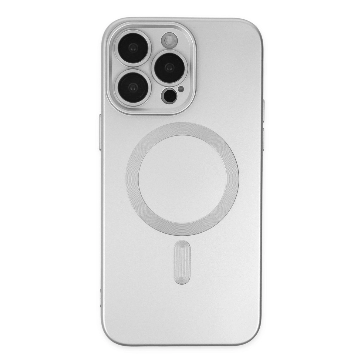 Gümüş iPhone, arkasında üçlü kamera ve MagSafe halkası var.