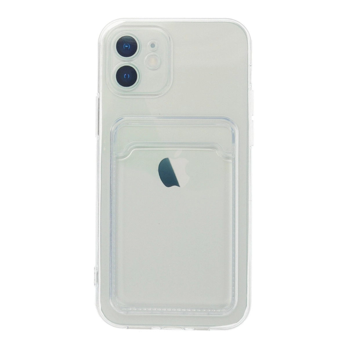 Apple logolu ve kart bölmeli şeffaf iPhone kılıfı.