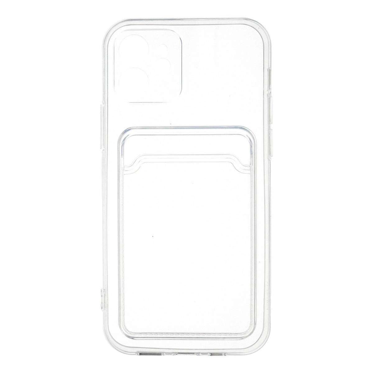 Kart yuvalı ve kamera kesimli şeffaf telefon kılıfı.