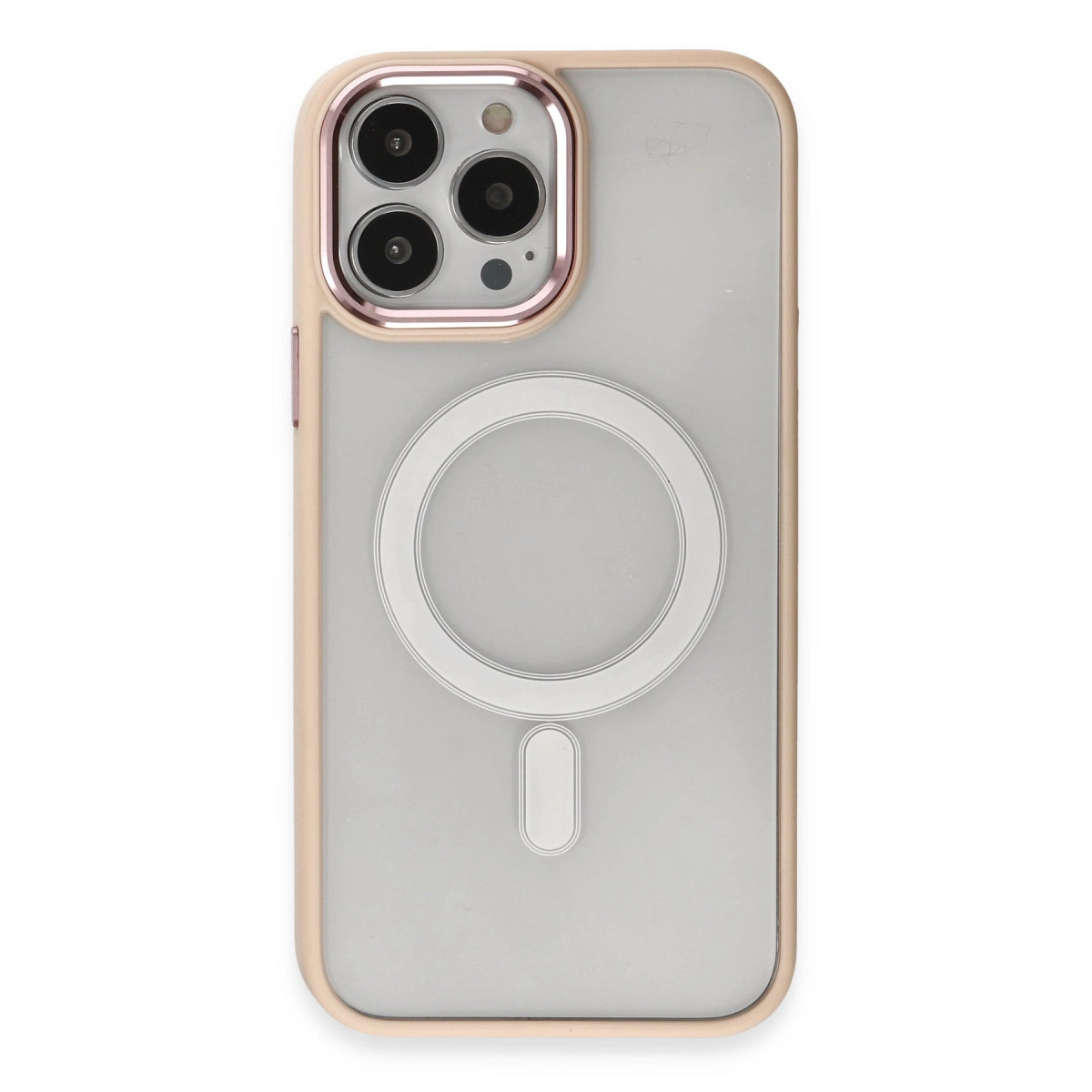 Pembe kenarlı, üç kameralı ve MagSafe halkalı şeffaf telefon kılıfı.