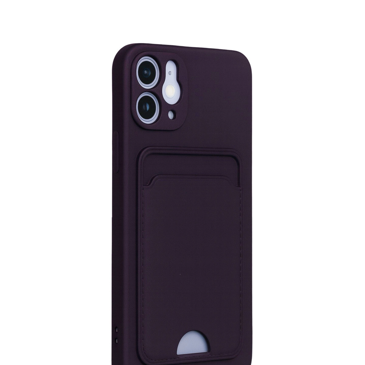 Kart tutuculu, üç lensli koyu mor telefon kılıfı.