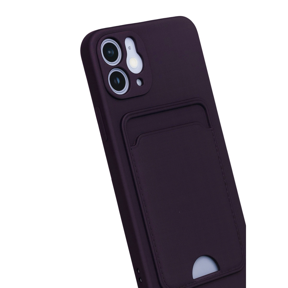 Kart tutuculu ve kamera modüllü koyu mor telefon kılıfı.