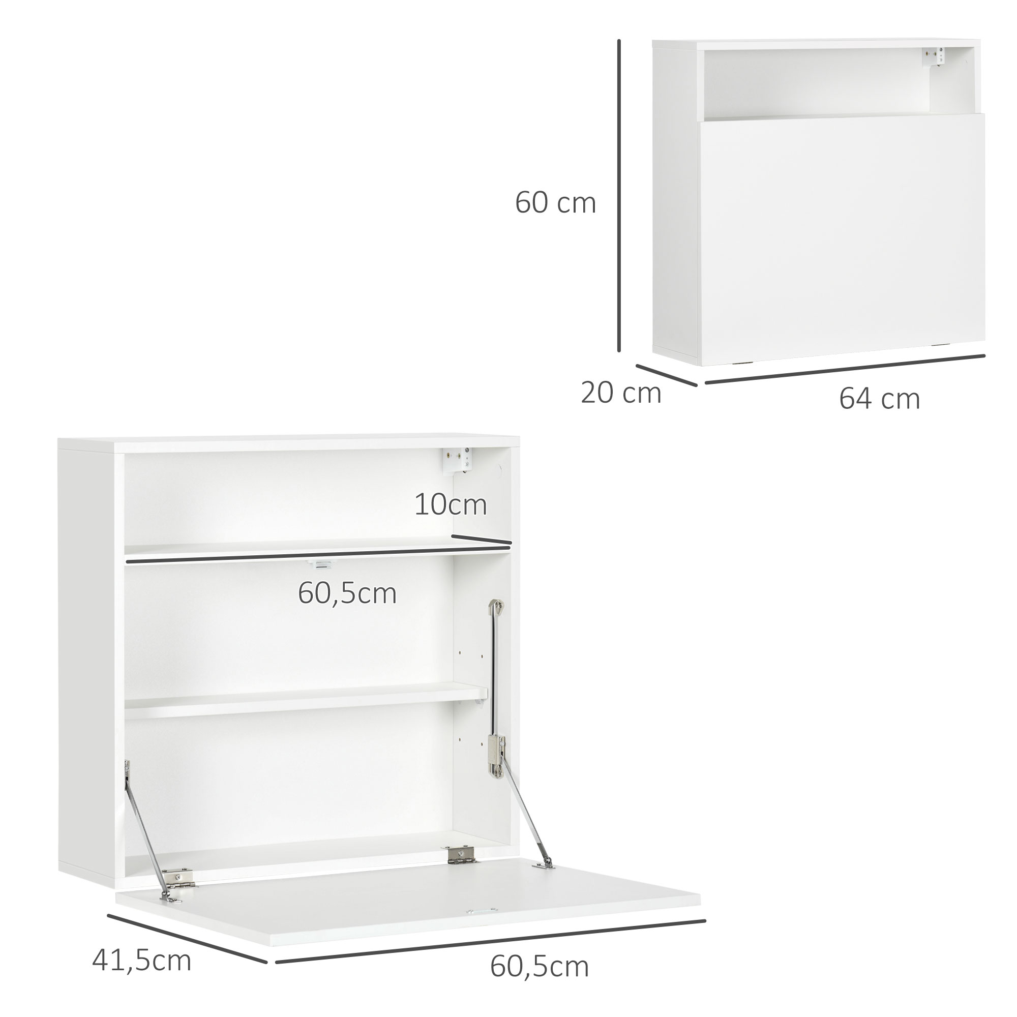 Un armario blanco con dimensiones, abierto con estantes y puerta abatible.