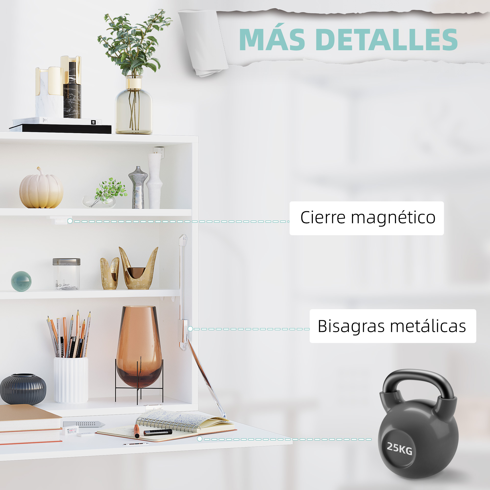 Un estante con decoración, libros y una pesa rusa. Etiquetas en español.