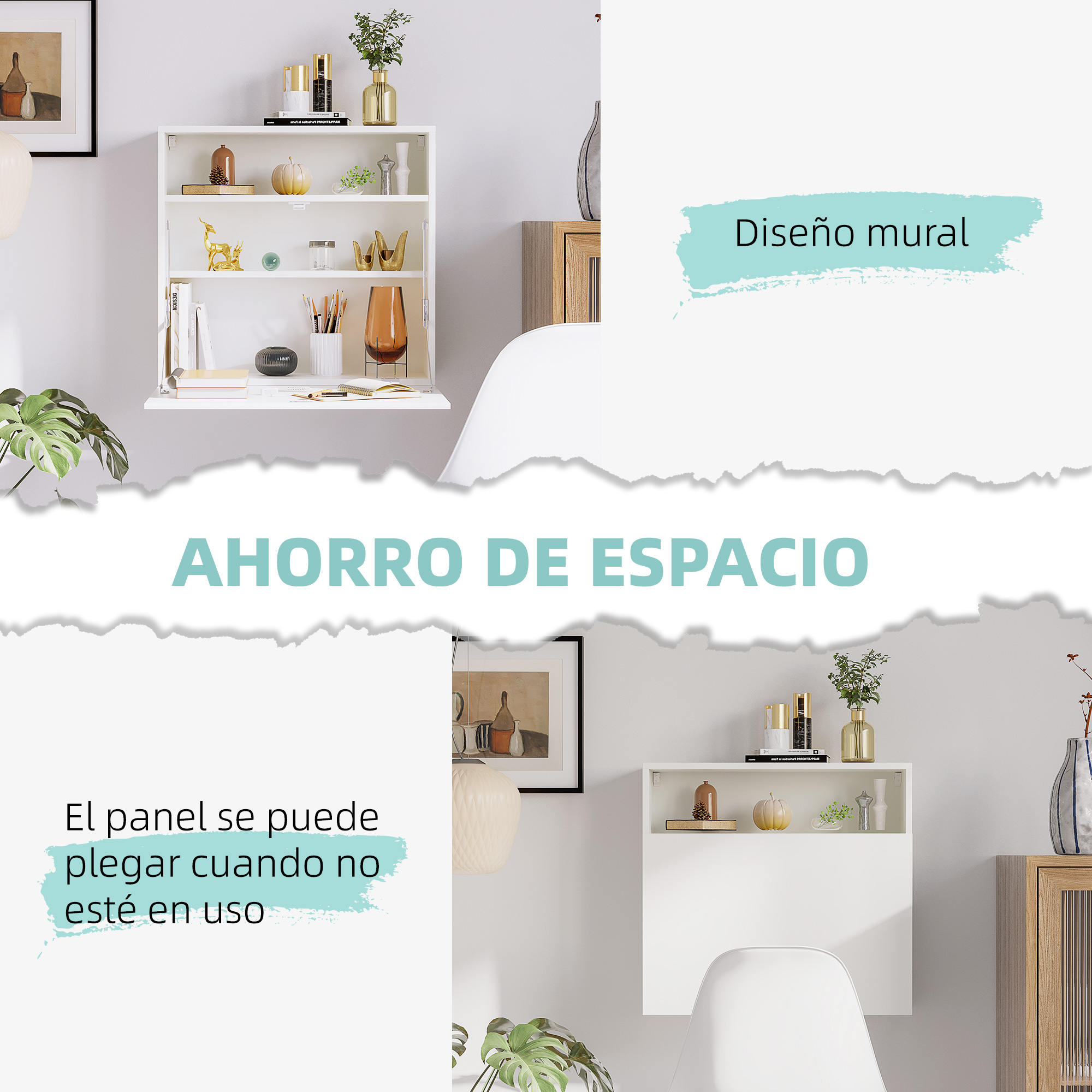 Estante blanco de pared con decoraciones y plantas. Texto "Diseño mural".