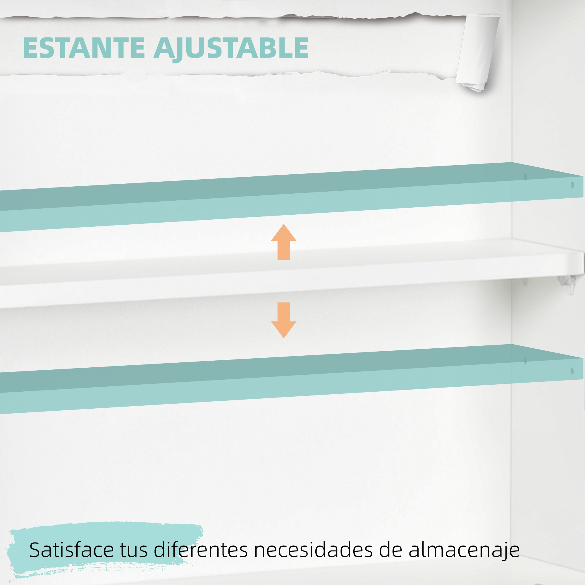 Estante ajustable con dos rayas de acento azul claro y flechas.