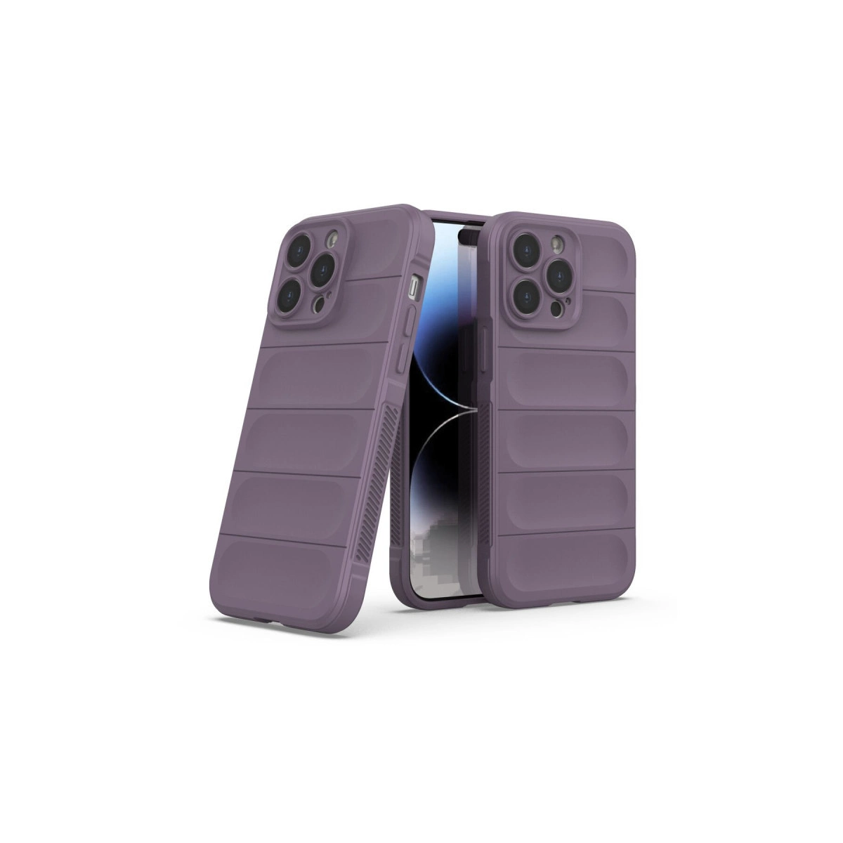Beyaz arka plan üzerinde yan yana duran iki mor iPhone kılıfı.
