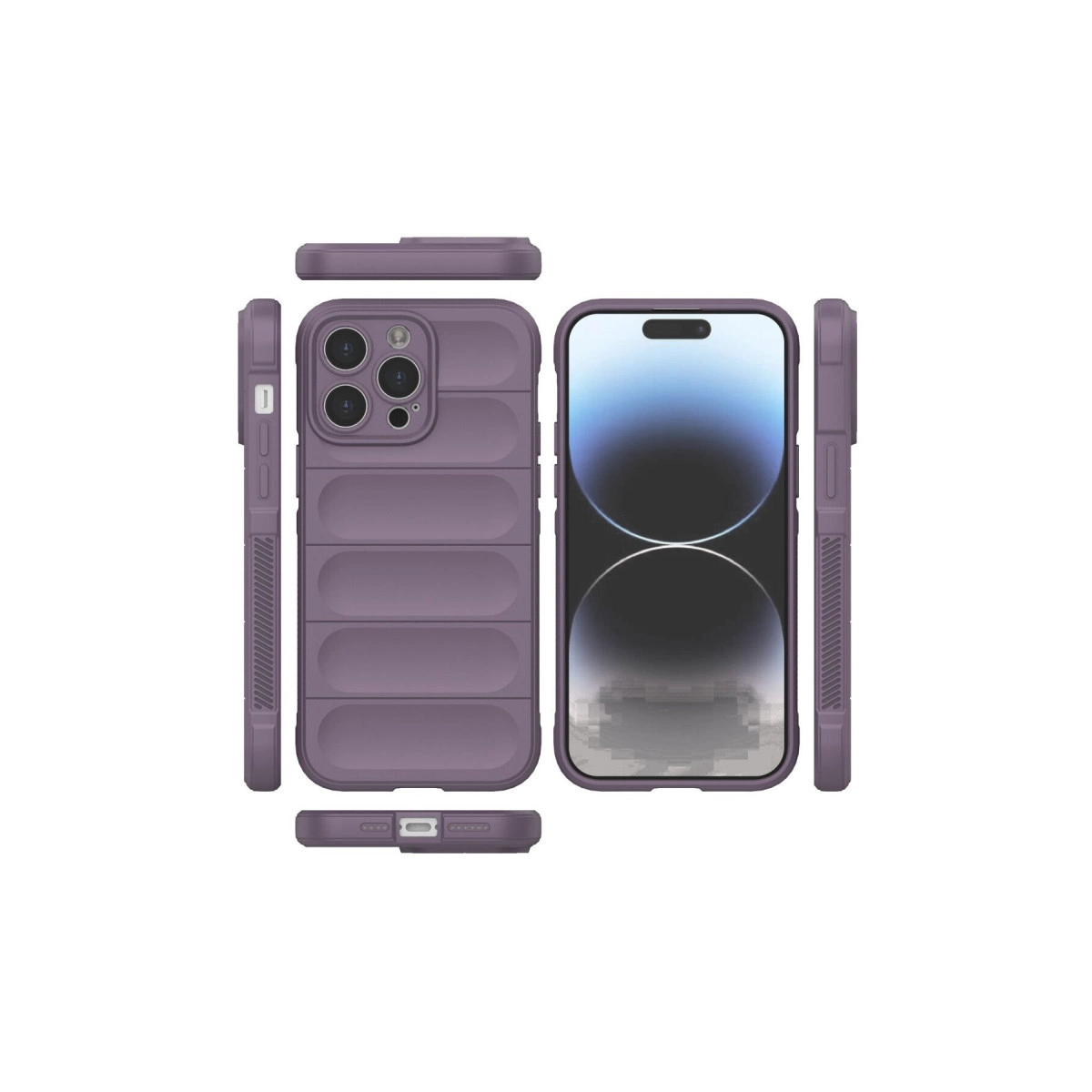 Mor iPhone kılıfı, kapitone tasarımlı, ön, arka ve yan görünümleriyle.
