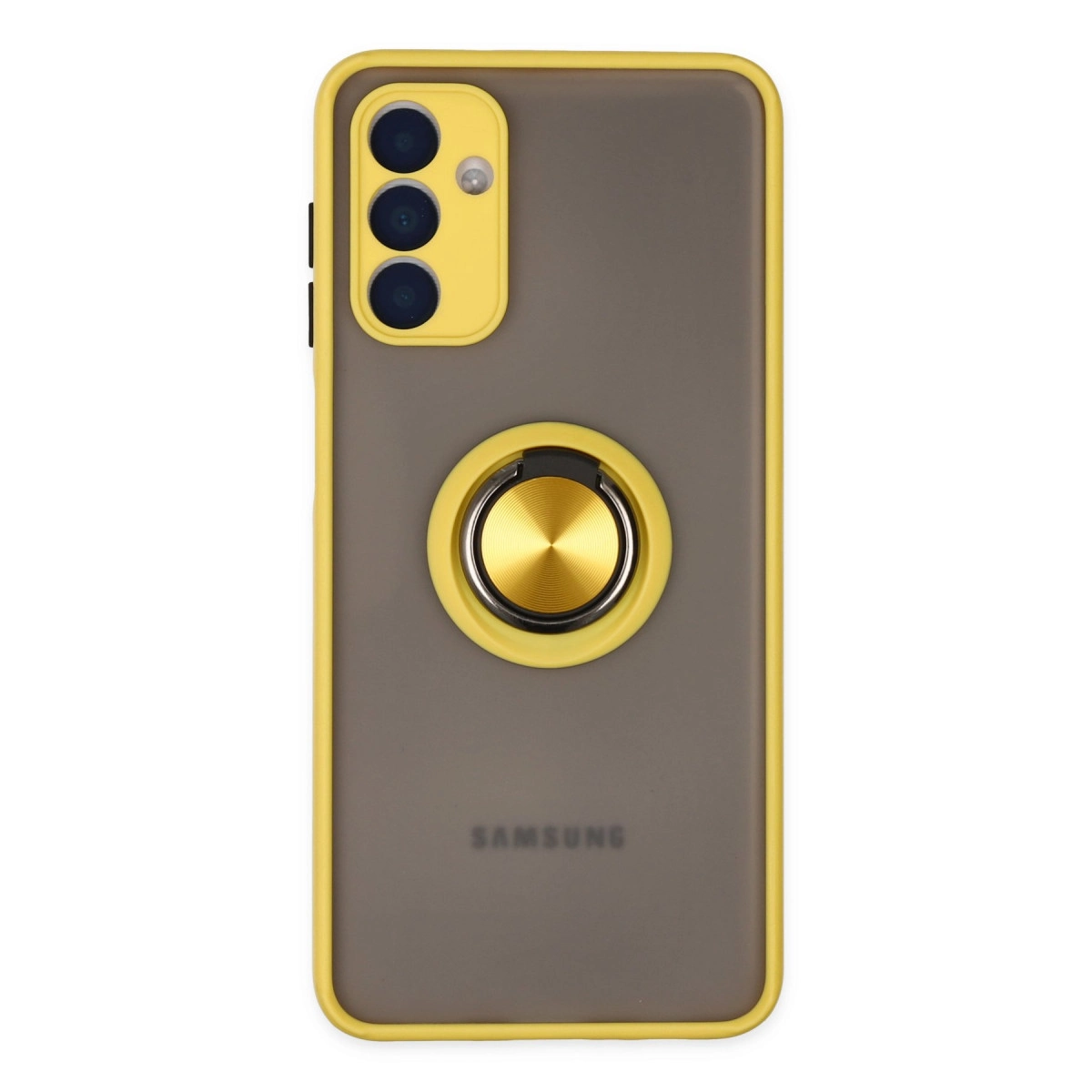 Sarı kenarlı gri telefon kılıfı, üç kamera ve halka tutucu.