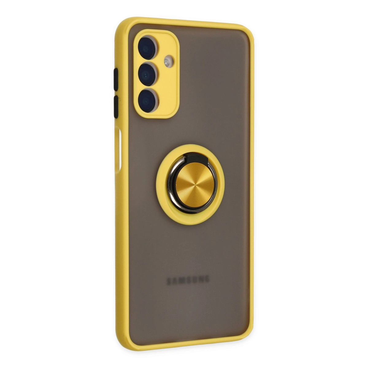 Sarı kenarlı, kameralı ve halka tutuculu gri telefon kılıfı.