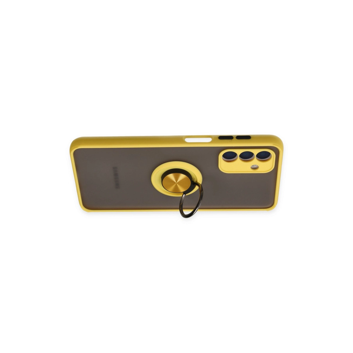 Halka tutuculu sarı telefon kılıfı ve üç kamera lensi.
