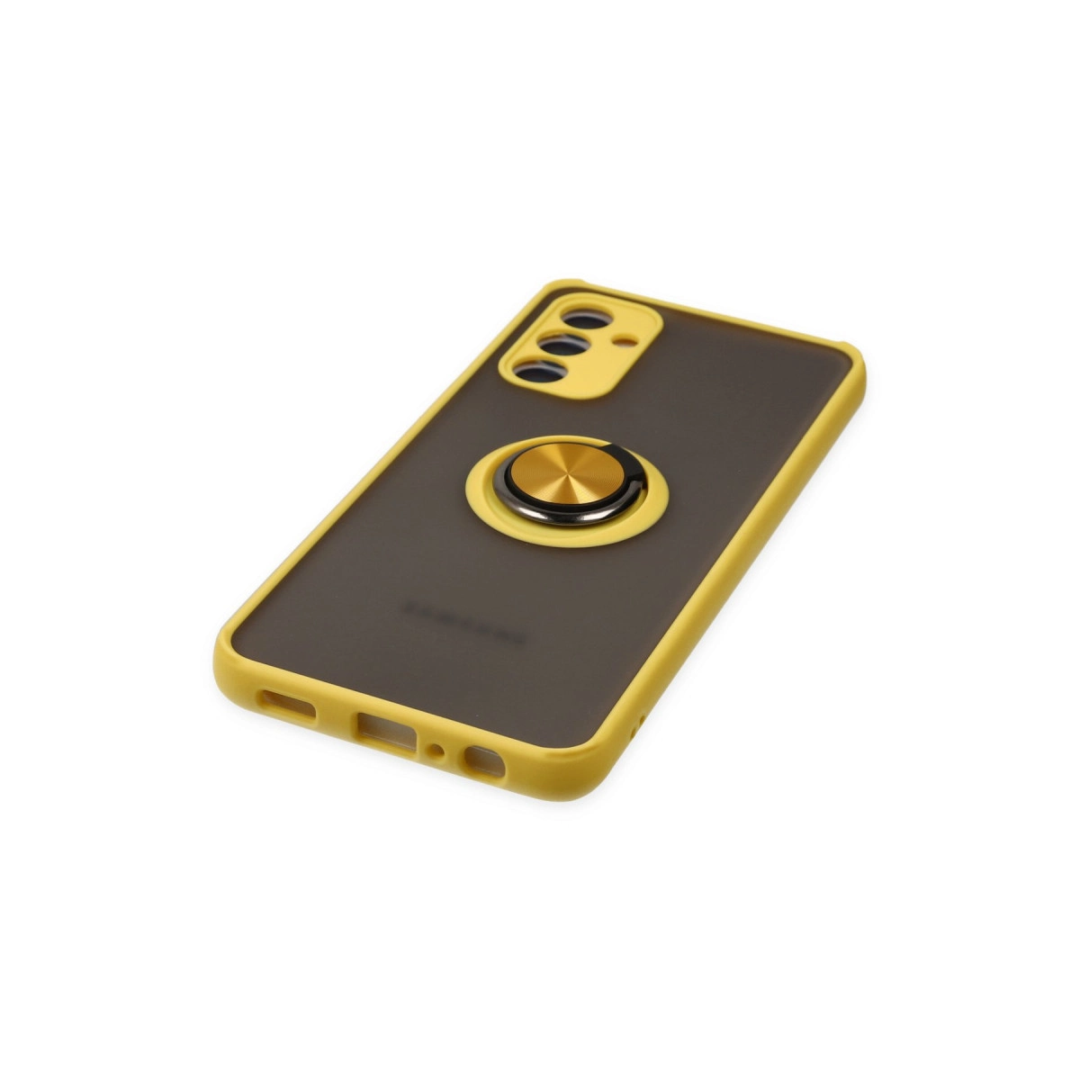 Beyaz arka plan üzerinde altın halkalı sarı ve gri telefon kılıfı.