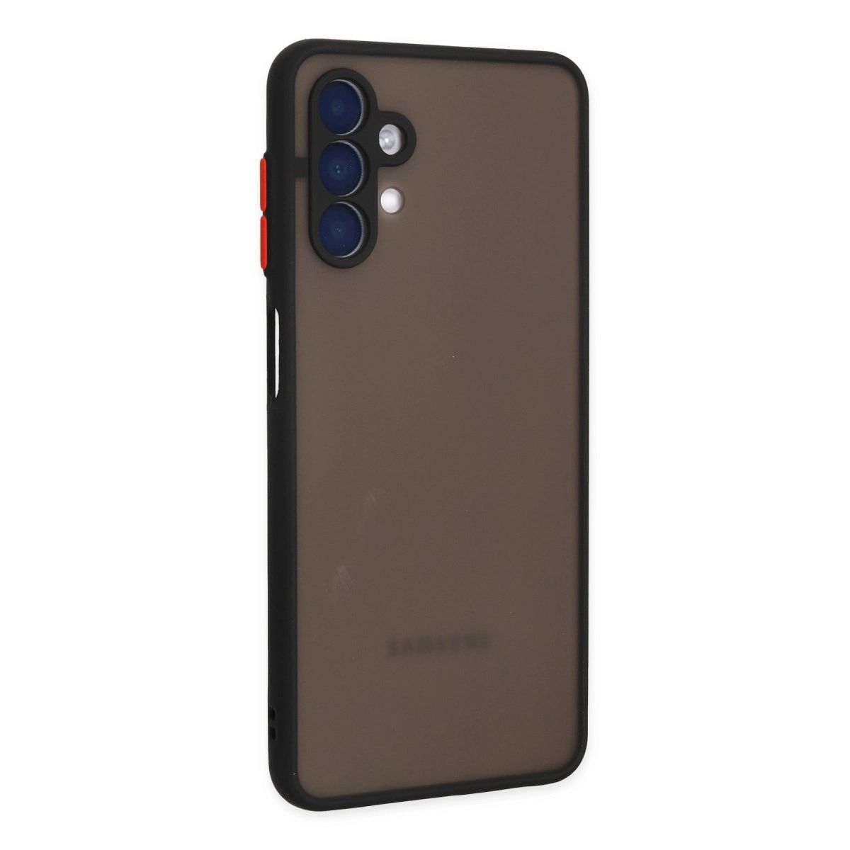 Üçlü kamera ve kırmızı düğmeli koyu kahverengi telefon kılıfı.