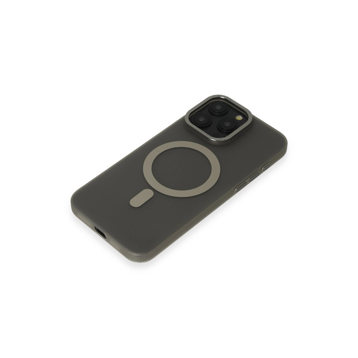 Kamera modülü ve manyetik halkalı koyu gri telefon kılıfı.