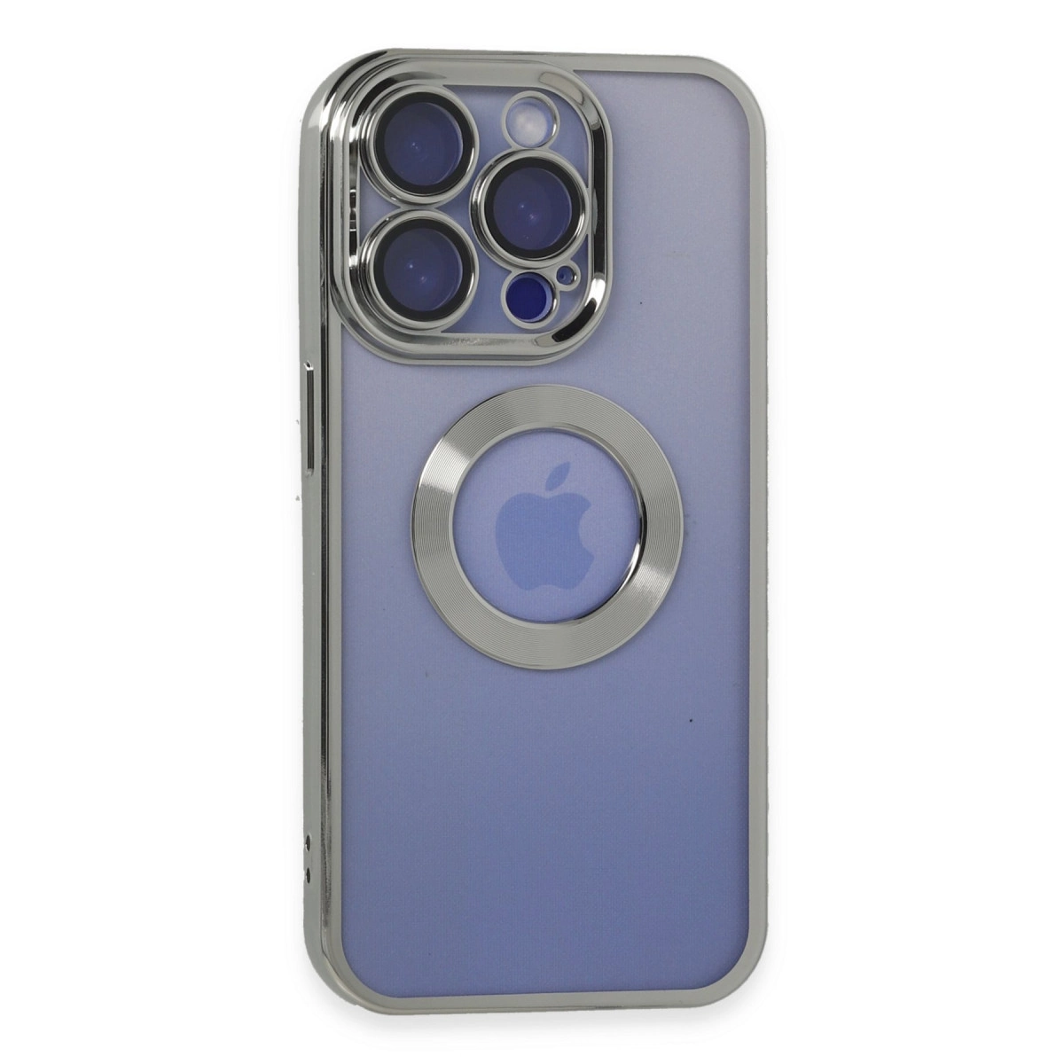 Gümüş kenarlı ve lens korumalı şeffaf telefon kılıfı.