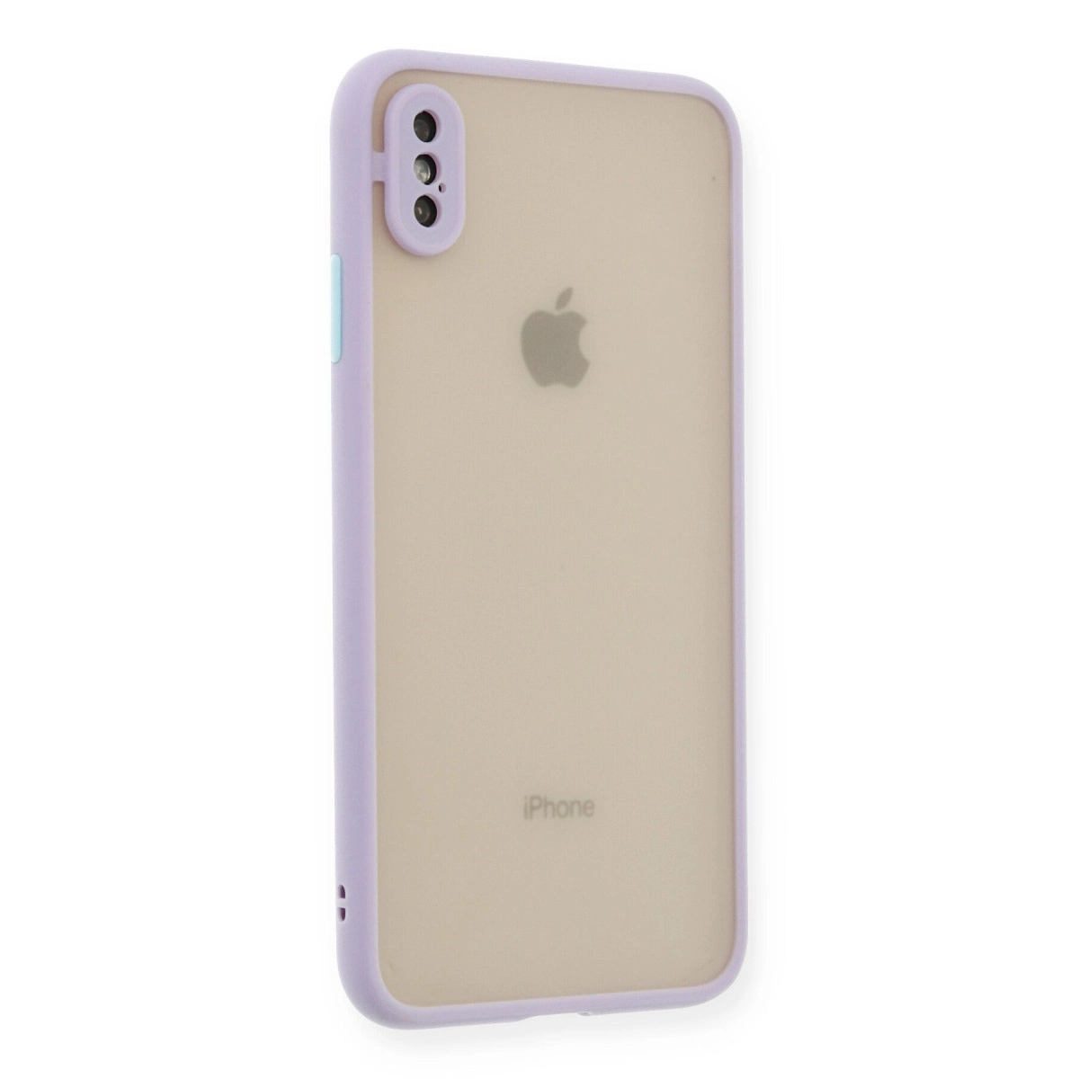 Buzlu şeffaf arka ve Apple logosuna sahip açık mor telefon kılıfı.