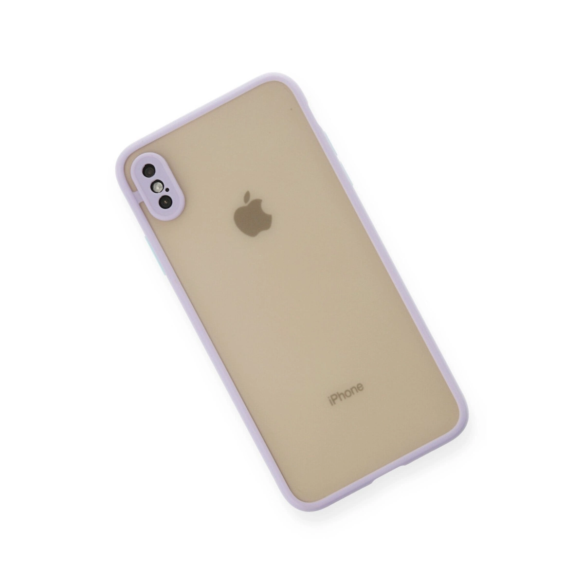 Açık mor kılıflı, Apple logolu, yarı saydam arkaya sahip bir telefon.