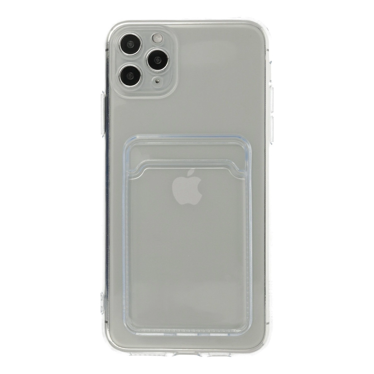 Şeffaf kılıflı ve kartlıklı iPhone'un arka yüzü.
