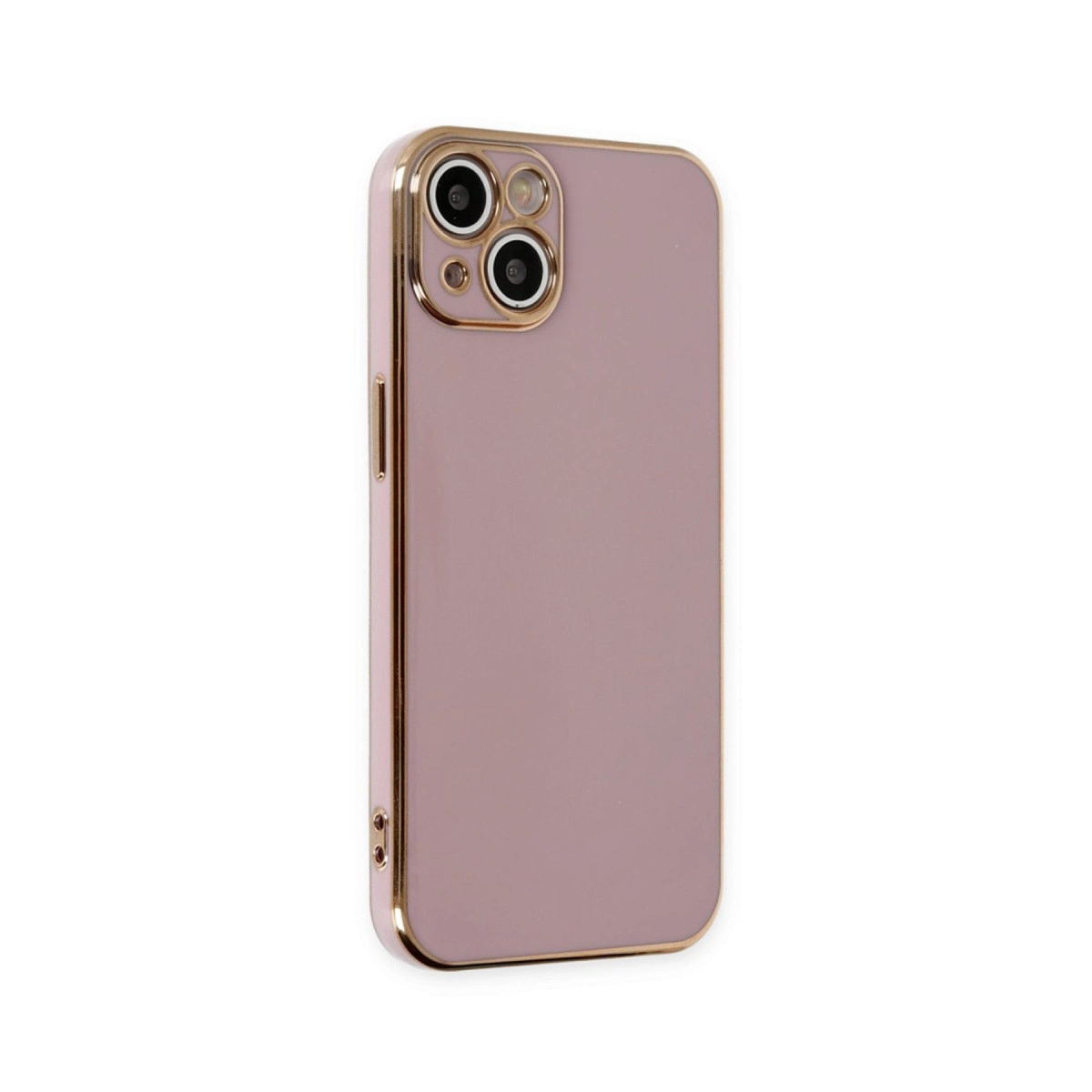 Altın kenarlı ve kamera modüllü pembe telefon kılıfı.